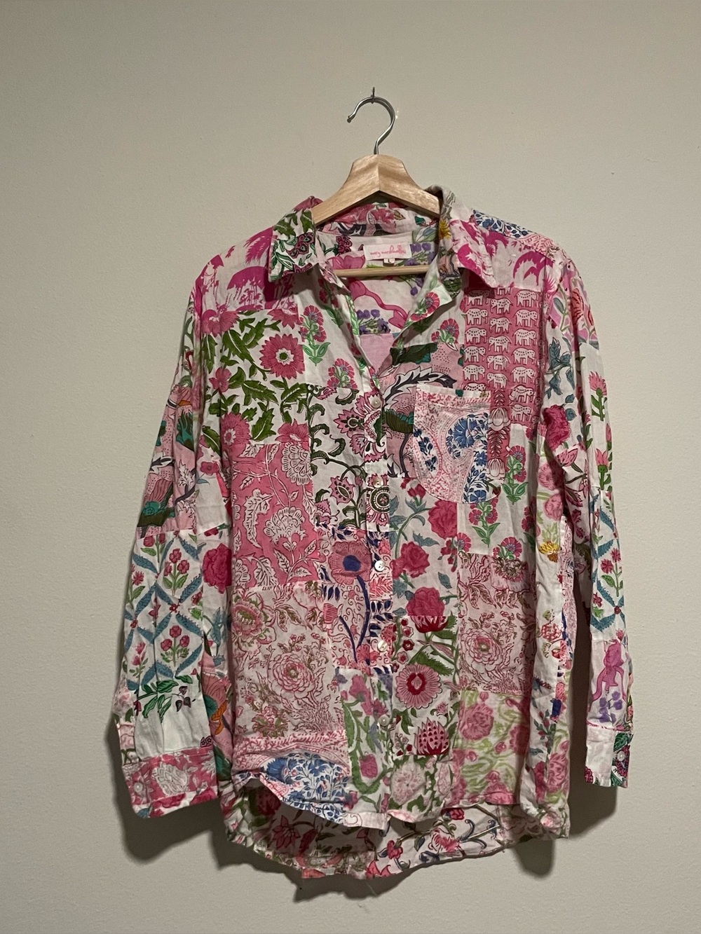 Mary Marshmallow Pink Mixed Media Patterned Button Down Long Sleeve, Size Large